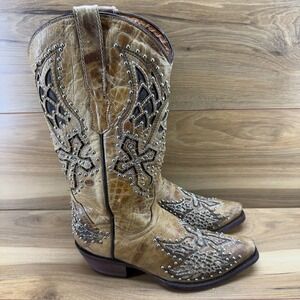 Golden Guns Western Studded Boots Womens 7.5 Tan Cross Wings Snip Toe Rodeo
